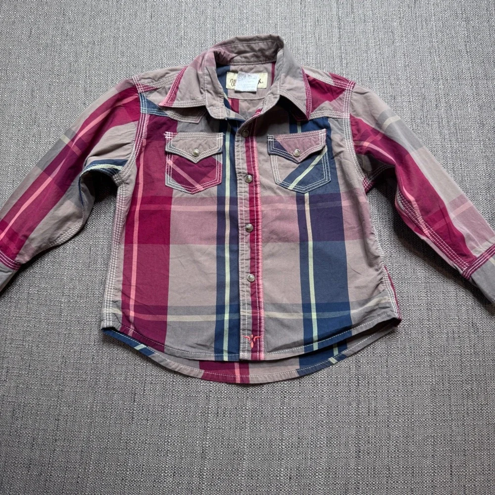 Wrangler 20X Kids Western Shirt Plaid Long Sleeve Pearl Snap Burgundy BJ1171A XS